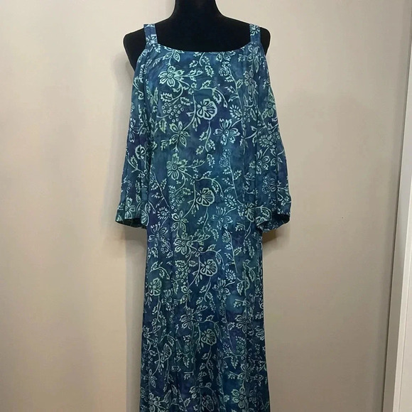 Soft Surroundings Green and Blue Floral Print Cold Shoulder Maxi Dress - Picture 1 of 15